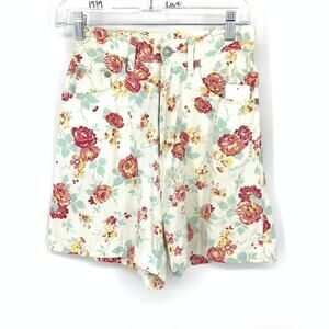 VTG Et Vous Womens 25" High Rise Floral Rose Print Linen Cotton Shorts Cream